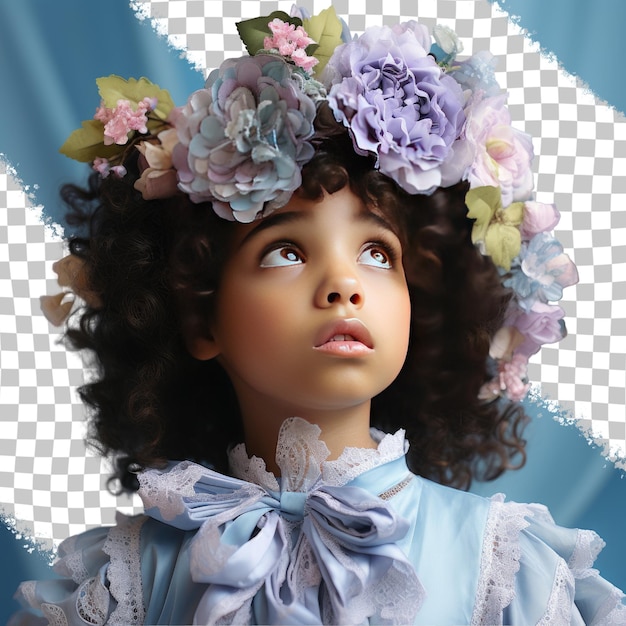 PSD una niña de mournful child con cabello retorcido de la etnia afroamericana vestida con ropa de proyectos de bricolaje posa en un estilo dramático hacia arriba contra un fondo pastel periwinkle