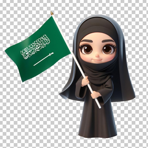PSD niña musulmana sosteniendo la bandera de arabia saudita en 3d aislada sobre un fondo transparente