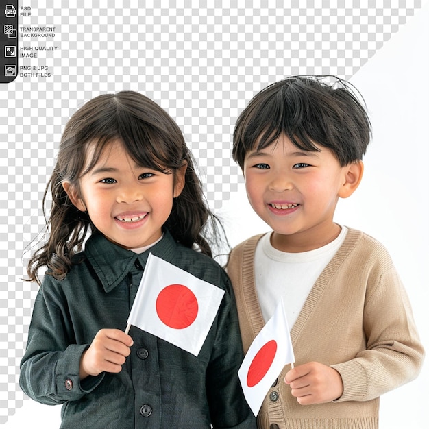 PSD niña y niño japoneses con bandera