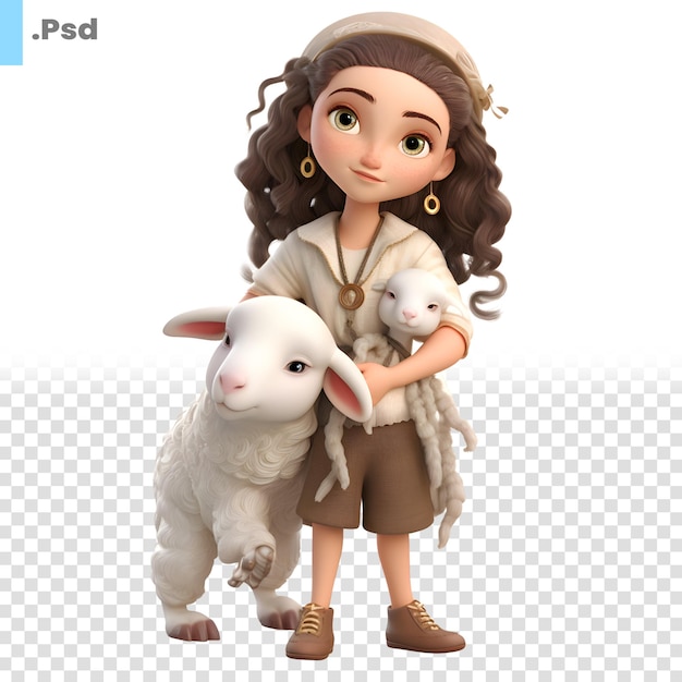 PSD niña con ovejas sobre fondo blanco. representación 3d. plantilla psd