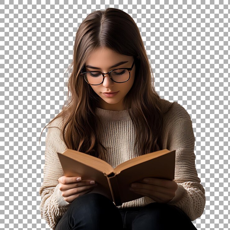 PSD niña de papúa nueva guinea leyendo un libro aislada contra un fondo transparente para diseños de educación, aprendizaje o relajación