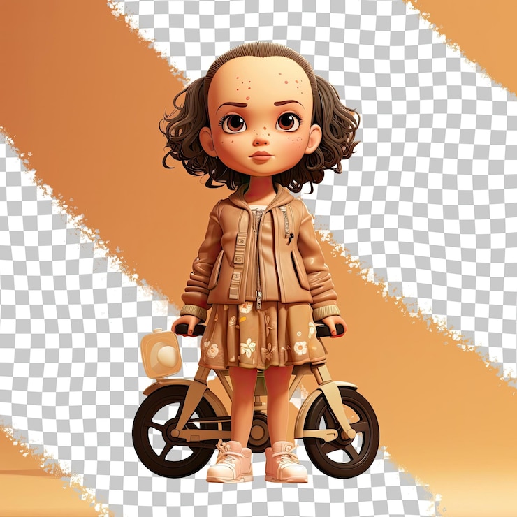 PSD una niña pequeña desconcertada con cabello calvo de la etnia urálica vestida con ropa de ciclismo por la ciudad posa en una postura relajada con las manos en los bolsillos contra un fondo beige pastel