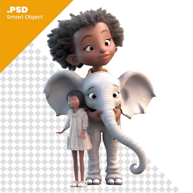 PSD niña pequeña con un elefante afroamericano en 3d con plantilla psd