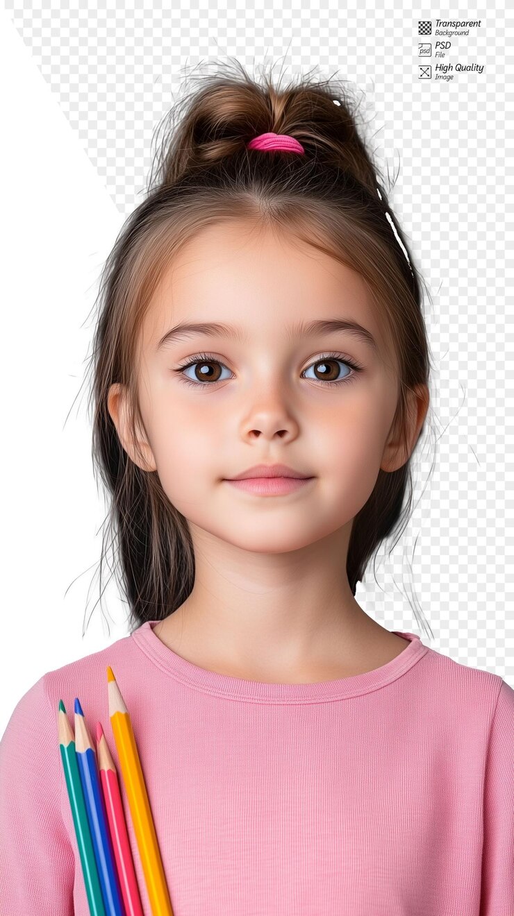 PSD niña pequeña con lápices de colores aislados en un fondo transparente