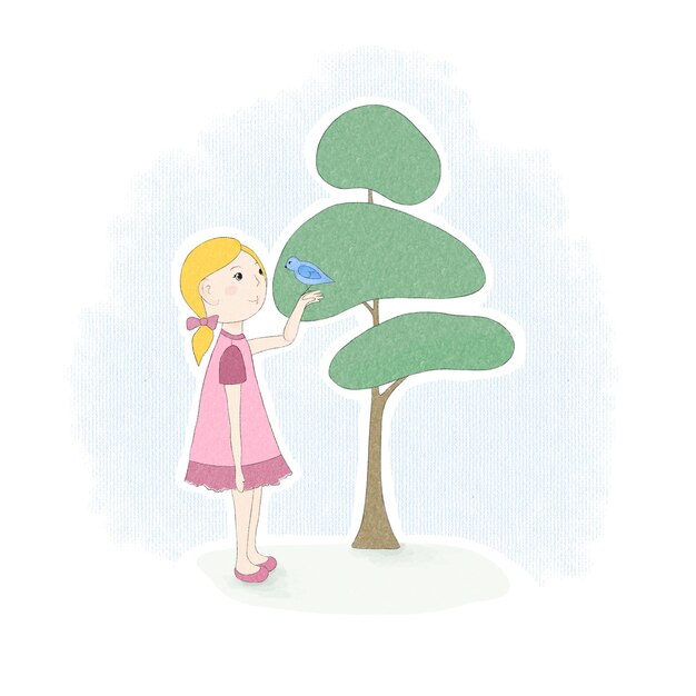 PSD niña pequeña con pájaro y árbol cabello rubio personaje infantil icono de postal ilustración linda simple