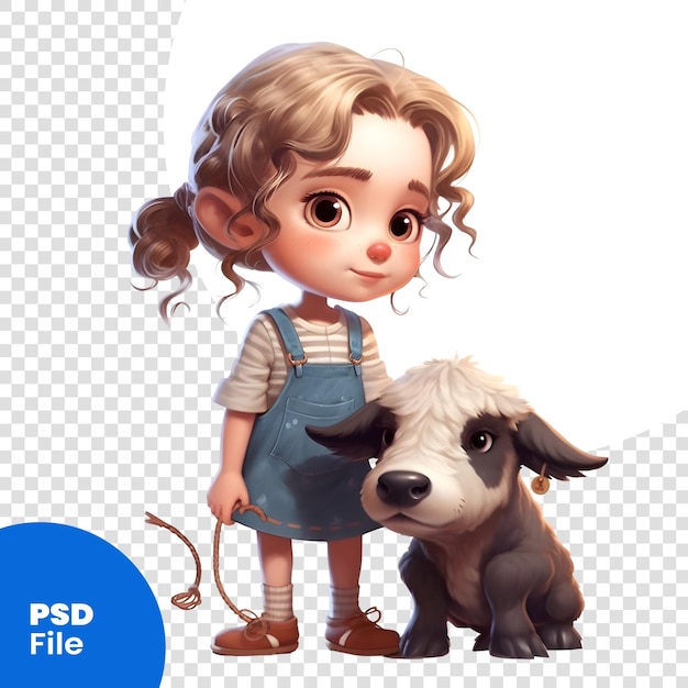 PSD niña pequeña con un perro en un fondo blanco plantilla de psd de renderización 3d
