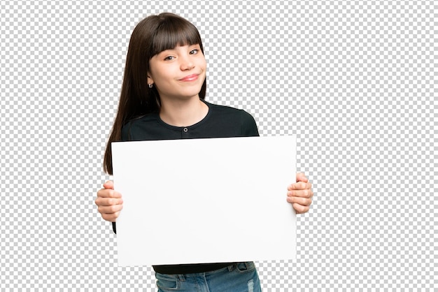 Niña pequeña sobre fondo de llave de croma aislado sosteniendo un cartel vacío