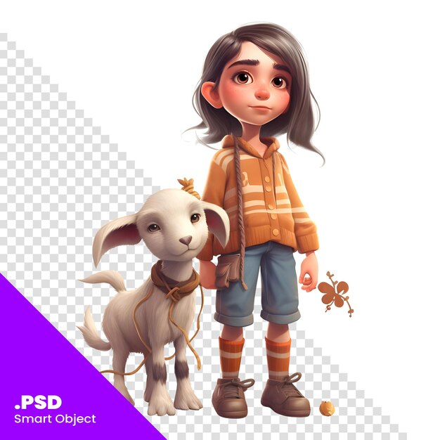 PSD niña con un perro y una cabra sobre un fondo blanco plantilla psd