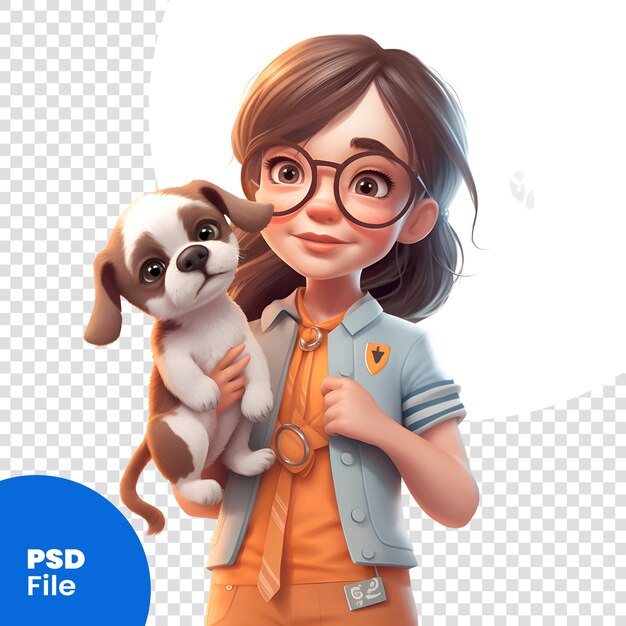 PSD niña con un perro sobre un fondo blanco plantilla psd de renderizado 3d