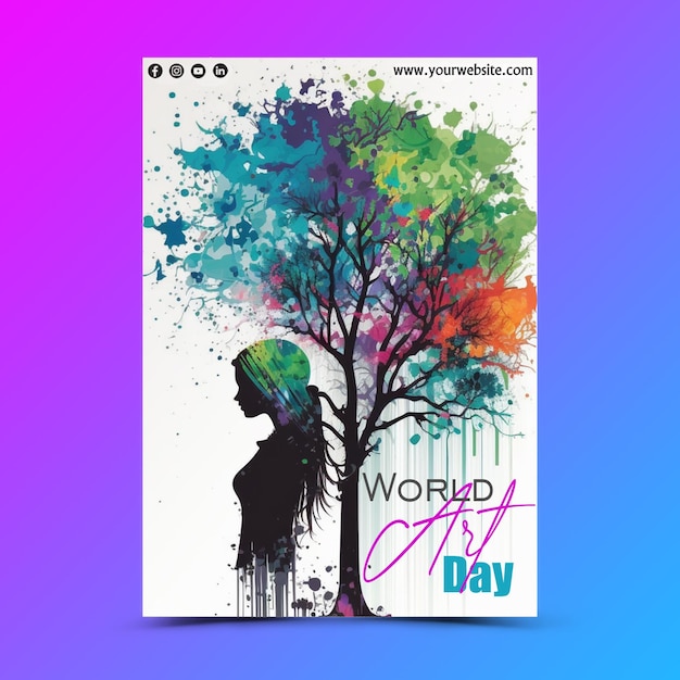 PSD niña con pintura de color de agua de árbol plantilla de póster de celebración del día mundial del arte