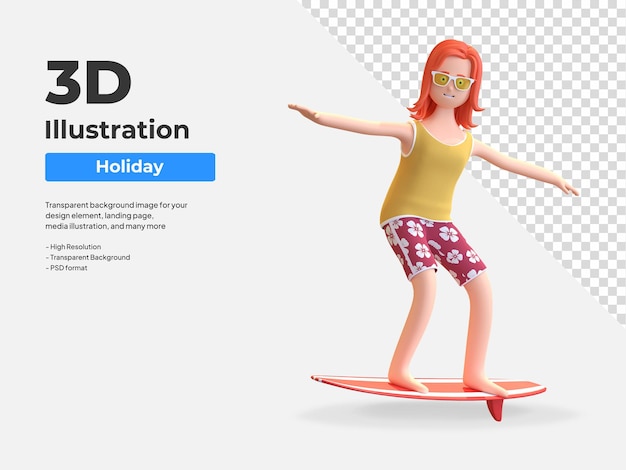 Niña, posición, en, tabla de surf, 3d, carácter, ilustración