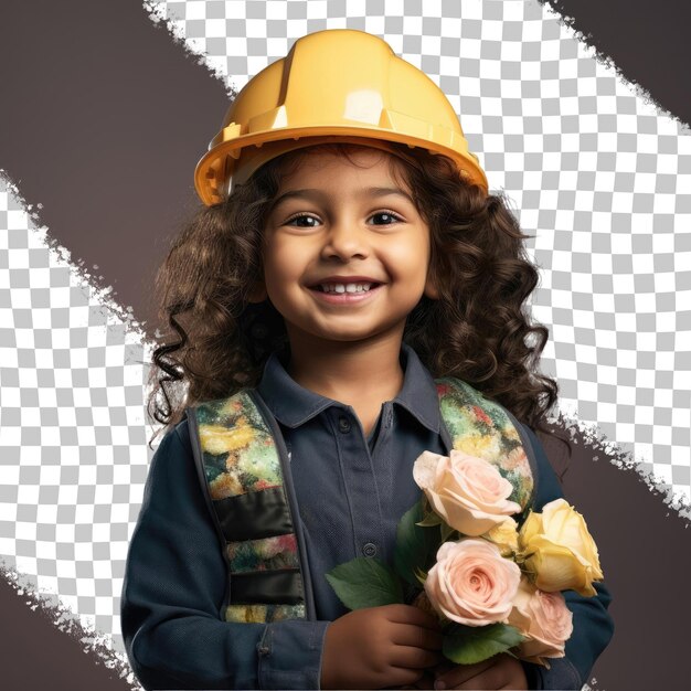 PSD una niña de preescolar ansiosa con cabello ondulado de la etnia del sur de asia vestida con ropa de trabajador de la construcción posa en un estilo de ojos cerrados con una sonrisa contra un fondo de rosa pastel