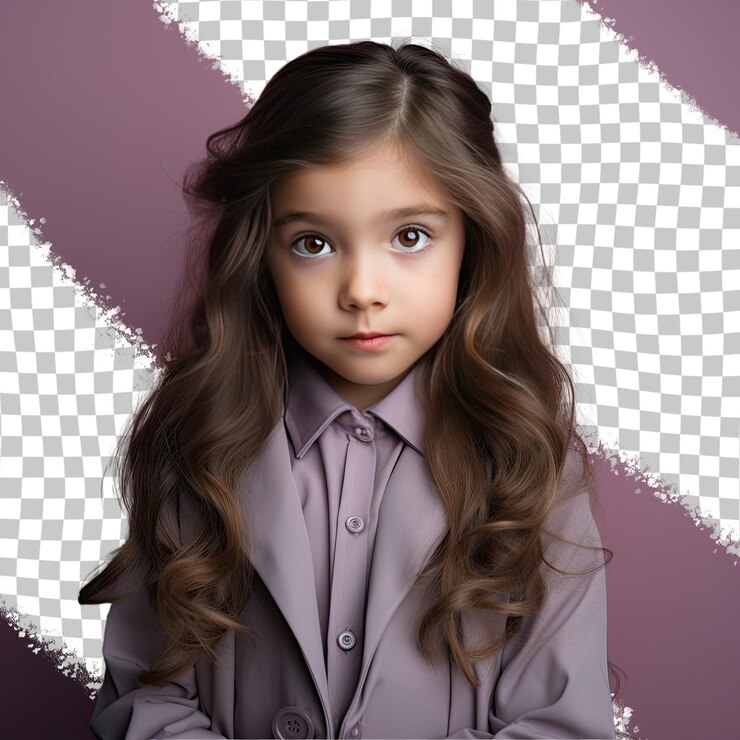 PSD una niña de preescolar desconcertada con cabello largo de la etnia asiática vestida con ropa de psicólogo posa en un estilo de mano suave en la mejilla contra un fondo pastel morado