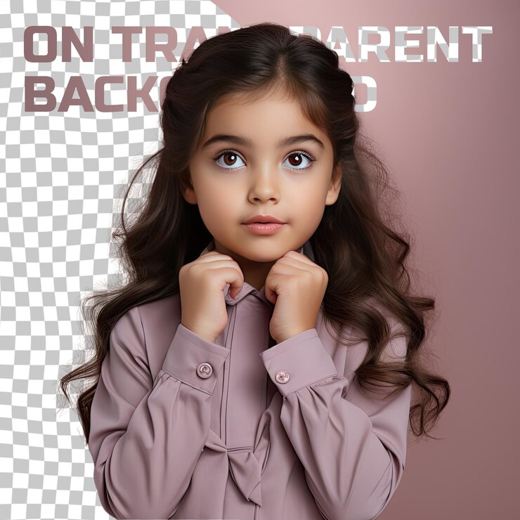 PSD una niña de preescolar desconcertada con cabello largo de la etnia asiática vestida con ropa de psicólogo posa en un estilo de mano suave en la mejilla contra un fondo pastel morado
