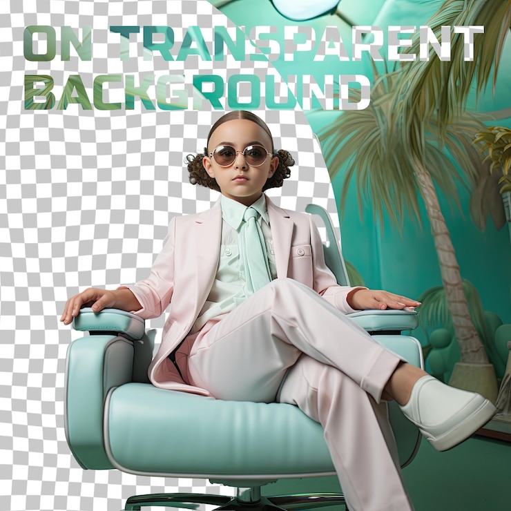 PSD una niña preescolar empoderada con cabello calvo de la etnia asiática vestida con el atuendo de gerente de marketing posa en un estilo de silla reclinada contra un fondo de menta pastel