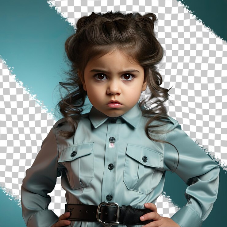 PSD una niña preescolar indignada con cabello largo de la etnia hispana vestida con traje de oficial de policía posa en un estilo one hand on waist contra un fondo de menta pastel