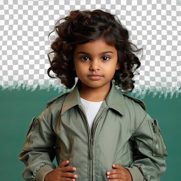 Una niña preescolar inspirada con cabello ondulado de la etnia aborigen australiana vestida con ropa de piloto comercial posa en un estilo close up of hands contra un fondo verde pastel