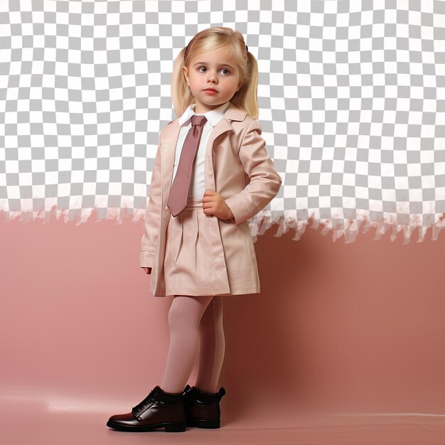 PSD una niña preescolar inspirada con cabello rubio de la etnia eslava vestida con ropa de agente de seguros posa en un estilo de pie con un pie hacia adelante contra un fondo beige pastel