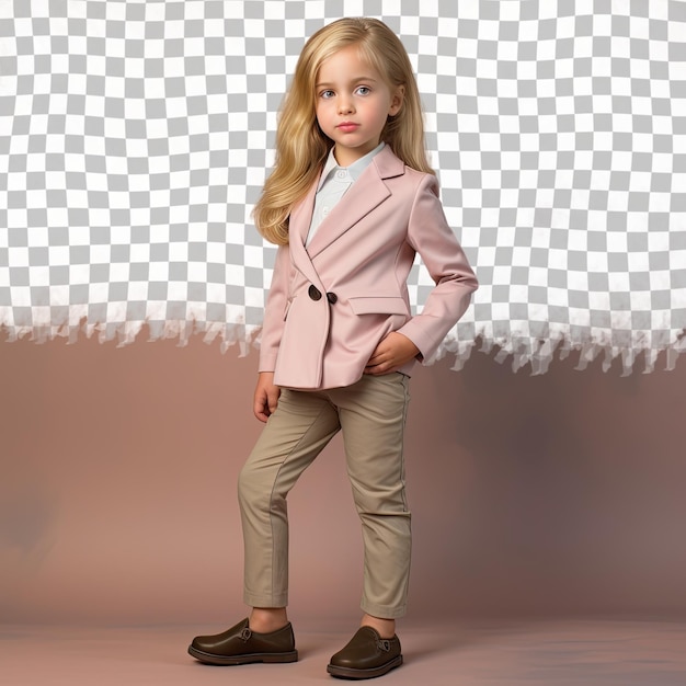 PSD una niña preescolar inspirada con cabello rubio de la etnia eslava vestida con ropa de agente de seguros posa en un estilo de pie con un pie hacia adelante contra un fondo beige pastel