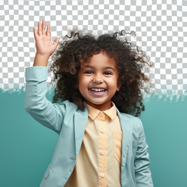 PSD una niña de preescolar de oriente medio con el pelo rizado y picante, una comercializadora digital posando azul pastel