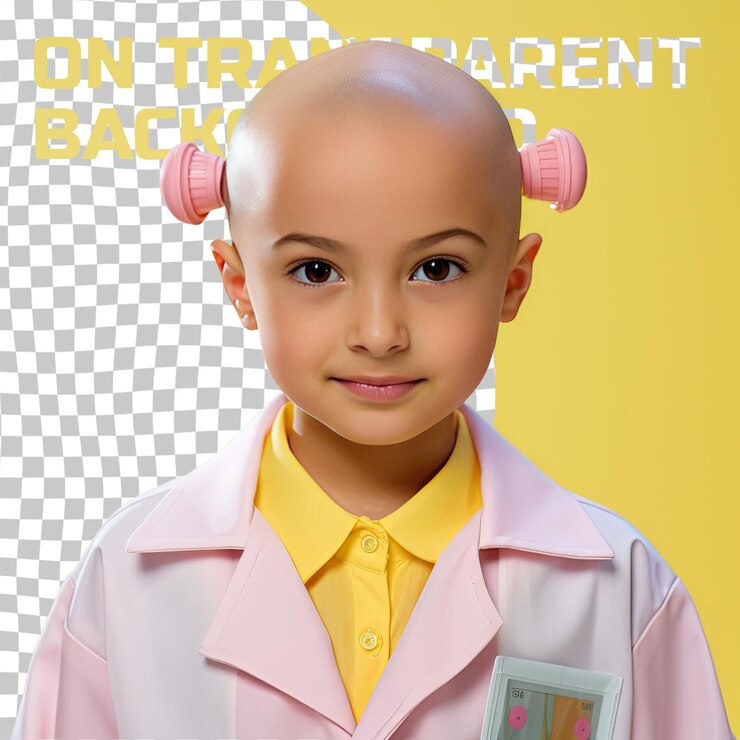 PSD una niña preescolar serena con cabello calvo de la etnia de los isleños del pacífico vestida con ropa de biotecnólogo posa en un estilo close up of eyes contra un fondo amarillo pastel
