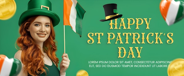 PSD niña del psd sosteniendo la bandera irlandesa y celebrando el día de san patricio diseño de la pancarta de celebración del día de patricio