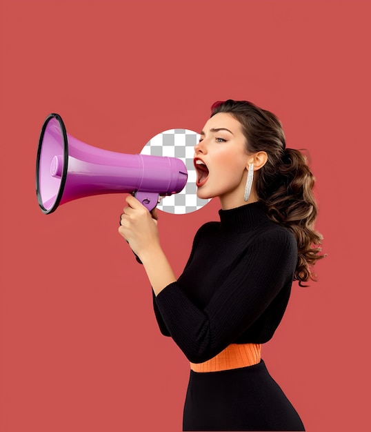 Niña de PSD sosteniendo un mega teléfono con fondo PNG para el diseño de la venta de descuento del Viernes Negro