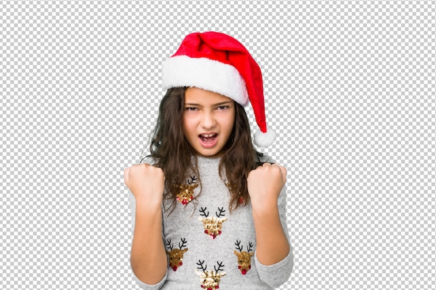 PSD niña que celebra el día de navidad que anima despreocupado y emocionado. concepto de victoria