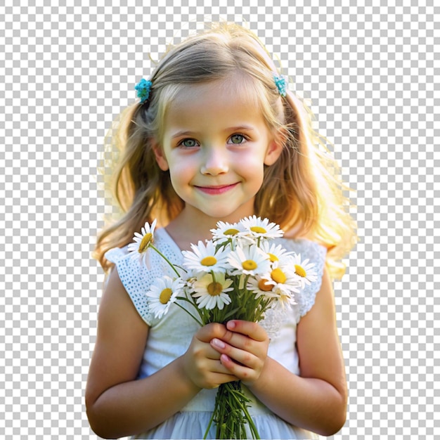 PSD una niña con un ramo de flores de margaritas