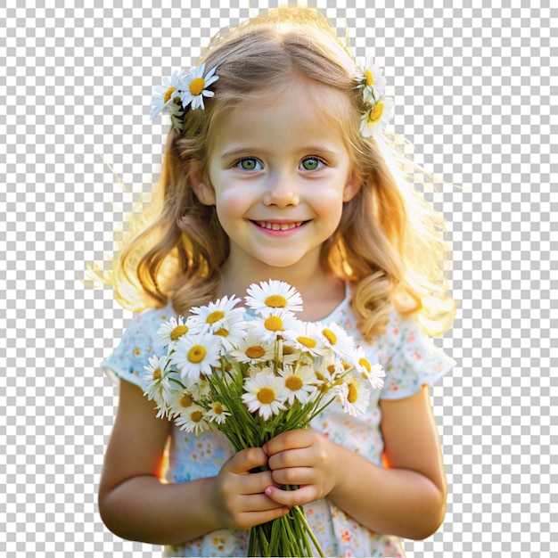 PSD una niña con un ramo de flores de margaritas