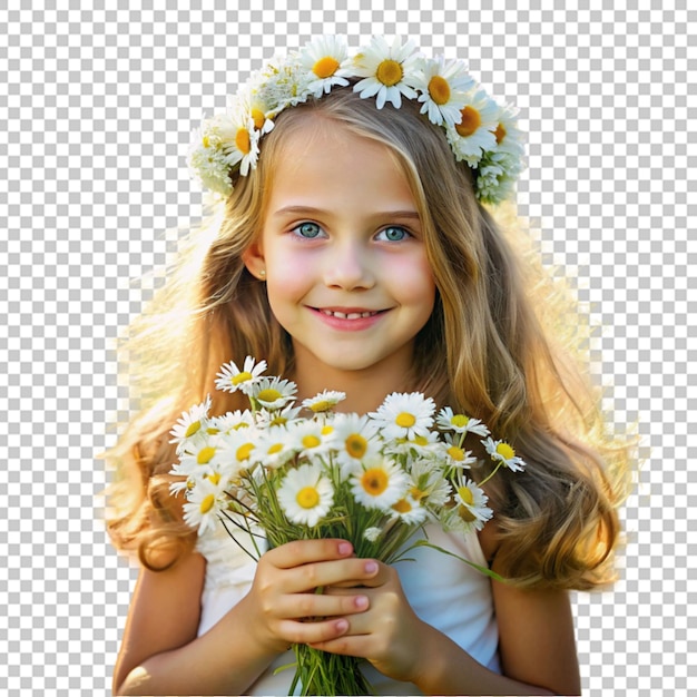 PSD una niña con un ramo de flores de margaritas