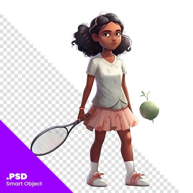 PSD niña con raqueta de tenis y pelota personaje de dibujos animados plantilla de ilustración vectorial psd