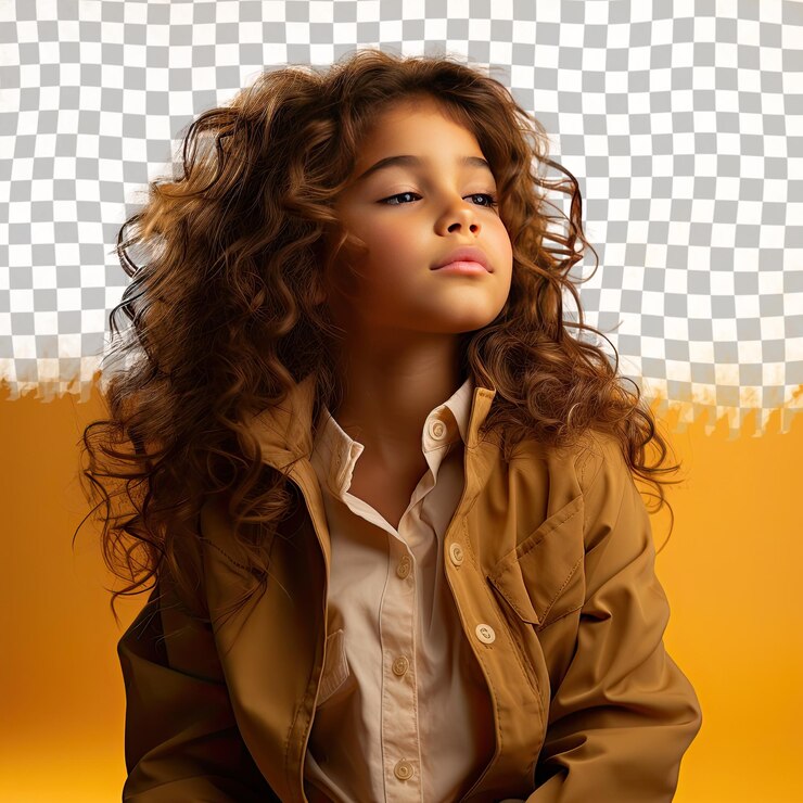 PSD una niña resentida con cabello ondulado de la etnia nativa americana vestida con ropa de terapeuta ocupacional posa en un estilo de silueta de perfil contra un fondo de mandarina pastel