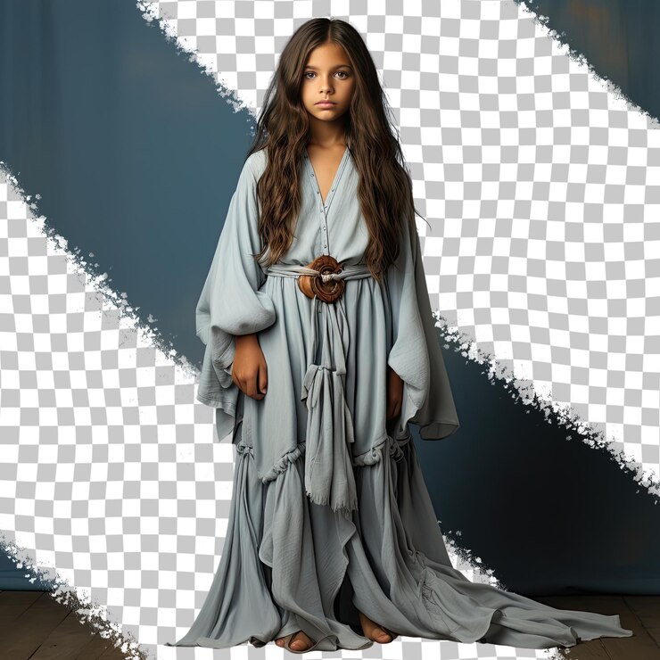 PSD una niña segura de sí misma con cabello largo de la etnia nativa americana vestida con atuendo de carpintero posa en una longitud completa con estilo de vestido fluido contra un fondo pastel periwinkle