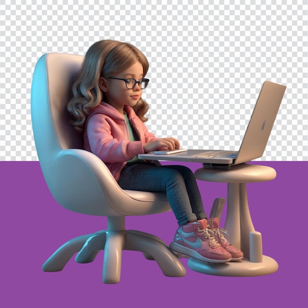 PSD niña sentada en una silla con una ilustración 3d de portátil
