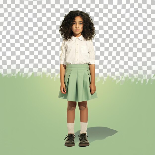 PSD una niña solitaria con cabello rizado de la etnia del sudeste asiático vestida con ropa de maestra de escuela primaria posa en un estilo de pie con un pie hacia adelante contra una espalda verde pastel
