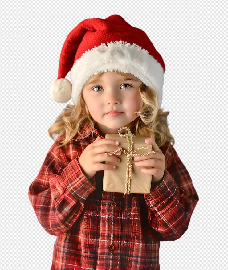 una niña con un sombrero de Papá Noel sostiene un regalo envuelto