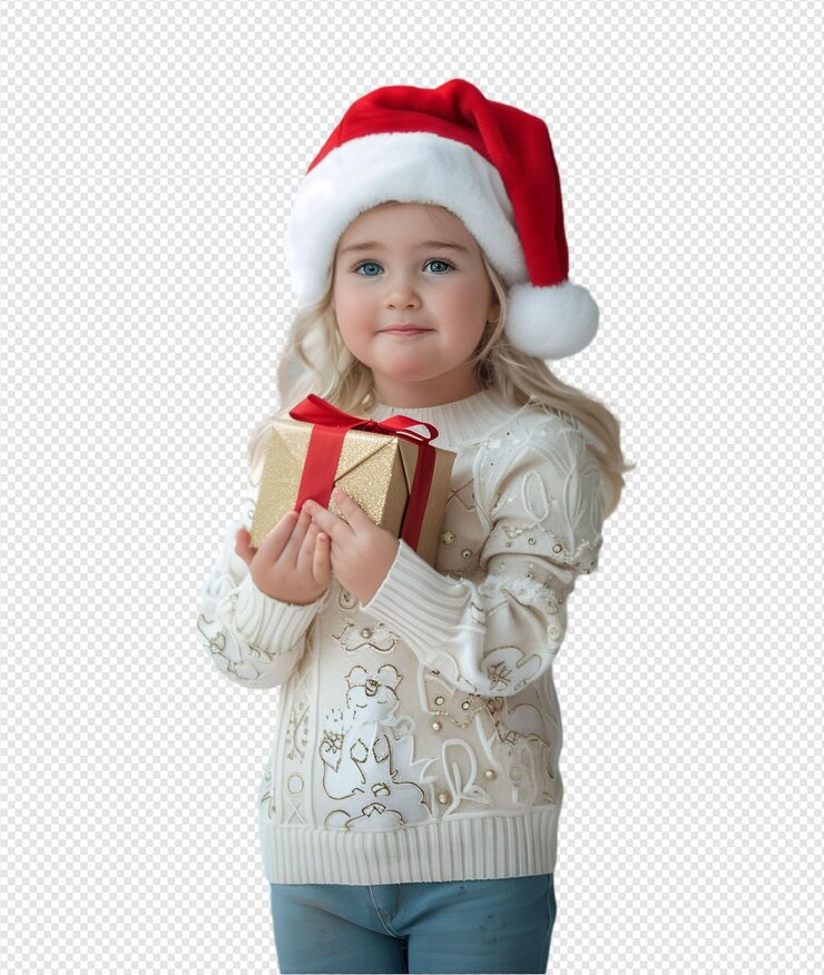 una niña con un sombrero de Santa tiene un regalo de oro