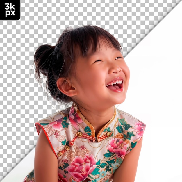 PSD una niña sonriendo y riendo con una foto de una camisa con flores