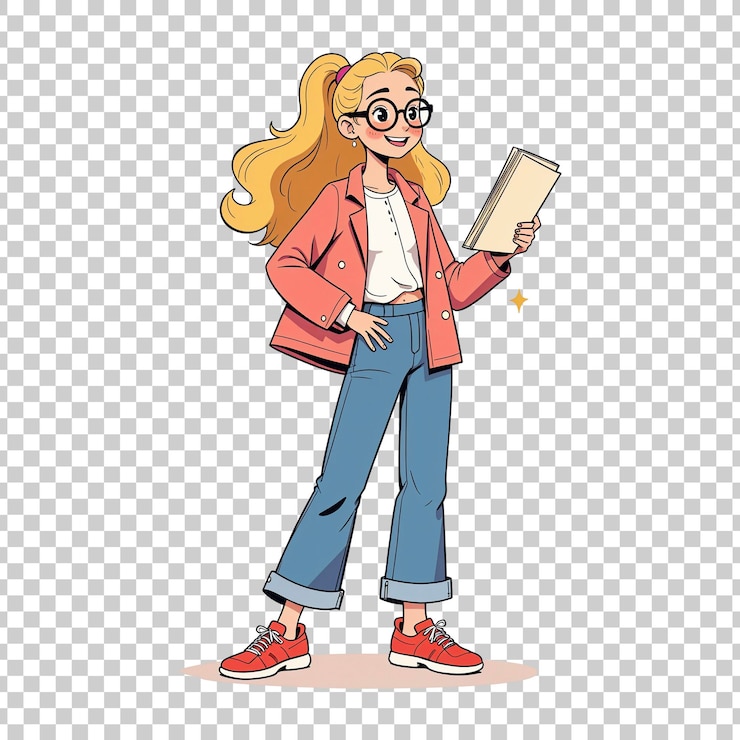 PSD niña sonriente leyendo un documento en un fondo transparente