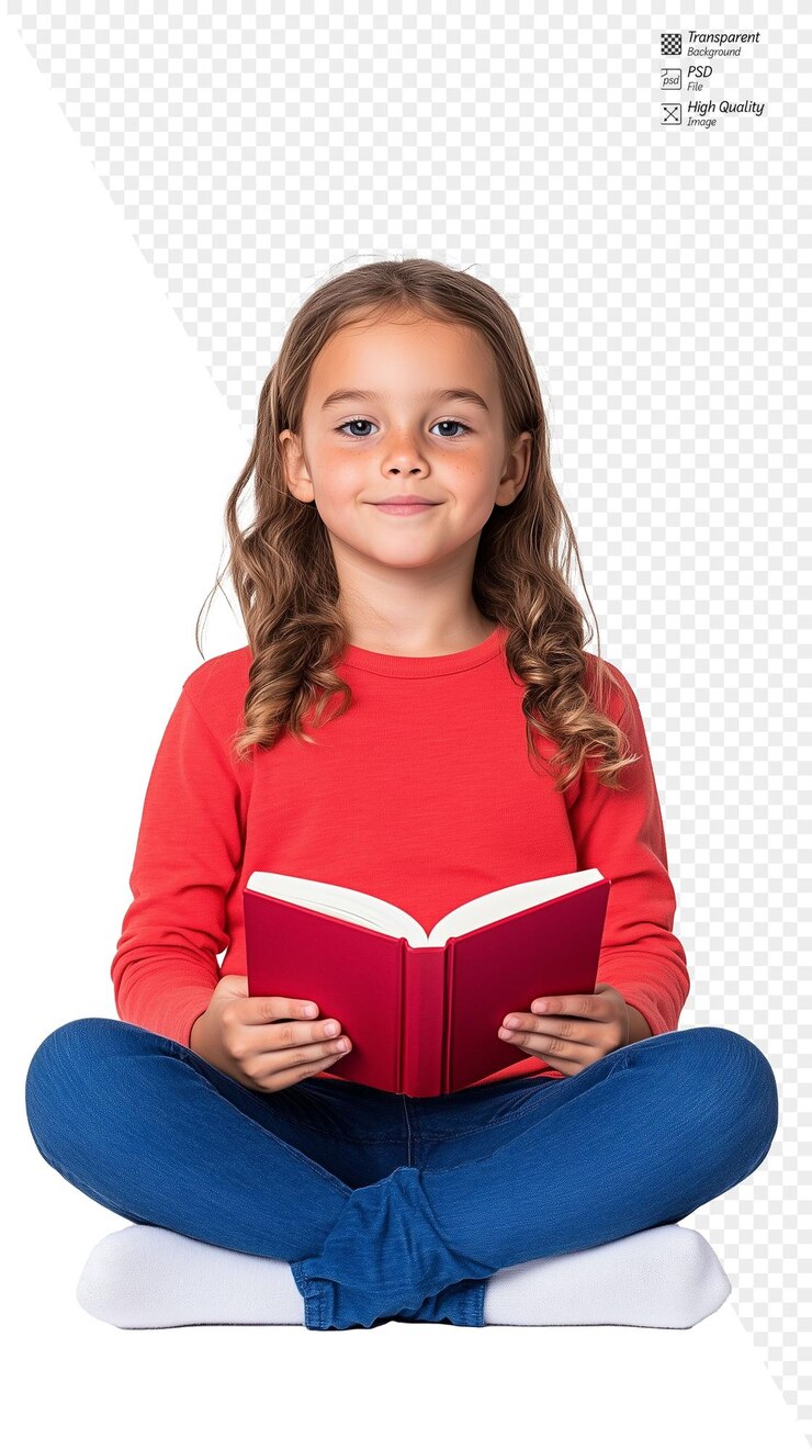 PSD niña sonriente con un libro aislado en un fondo transparente