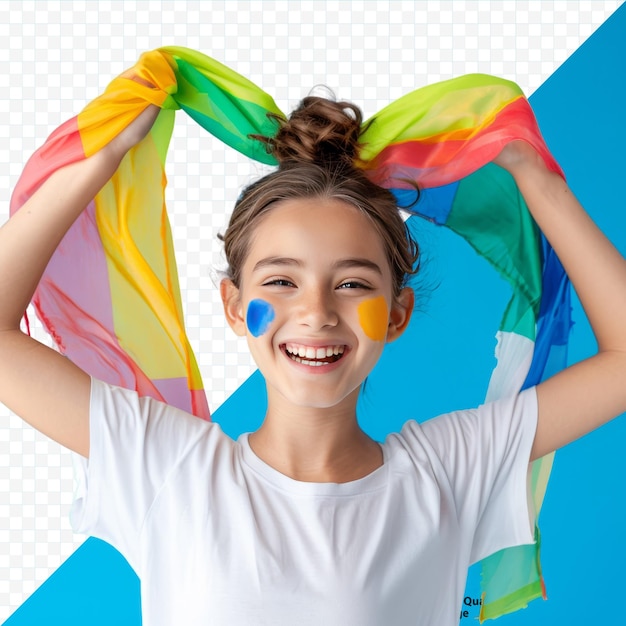 Niña sonriente con la mejilla pintada levantando los brazos con una bandera multicolor en un fondo azul vívido aislado