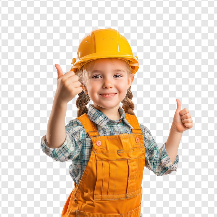 PSD niña sonriente con sombrero duro uniforme de trabajador de la construcción de pie con gesto de la mano dando el pulgar hacia arriba vista lateral aislado en fondo transparente