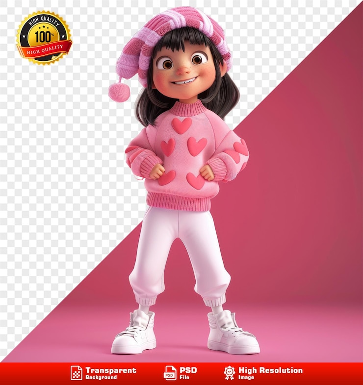 PSD niña sonriente con suéter rosa con corazones estilo animado