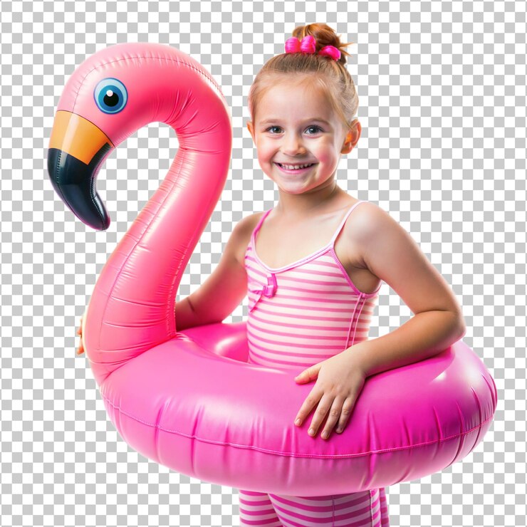PSD niña sonriente en traje de baño rosa con flamenco inflable lista para la diversión nadando archivo png transparente