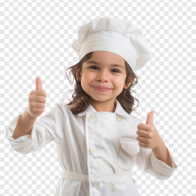 Niña sonriente con uniforme de anfitriona con gesto de la mano dando el pulgar hacia arriba aislado en un fondo transparente
