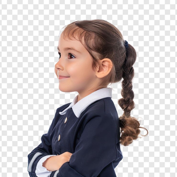 PSD niña sonriente con uniforme de capa de pie vista lateral aislada sobre un fondo transparente