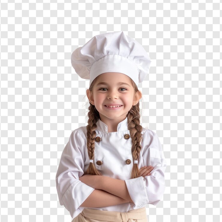 PSD una niña sonriente en uniforme de chef de pie aislada en un fondo transparente