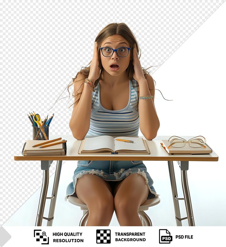 PSD niña sorprendida con gafas se sienta en un escritorio con un libro abierto y lápices en un fondo transparente