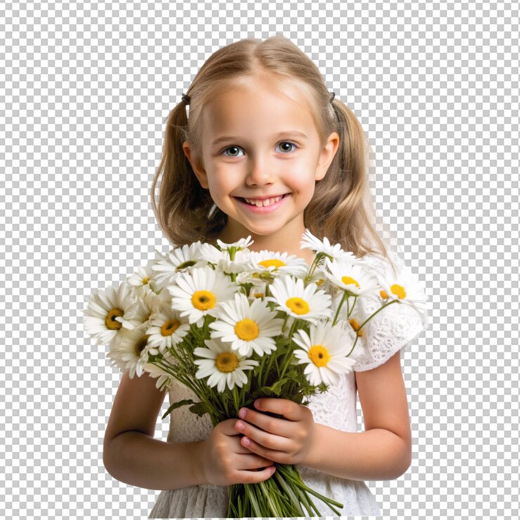 PSD una niña sosteniendo un ramo de flores de margaritas